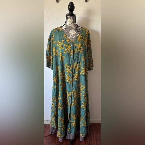 Floryday Cotton Maxi Button Up dress in Green with yellow flowers- XXL NWT - Picture 1 of 6